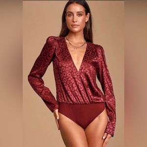 NWT Lulu’s Cheetah Print Burgundy  Long Sleeve Bodysuit Size XS